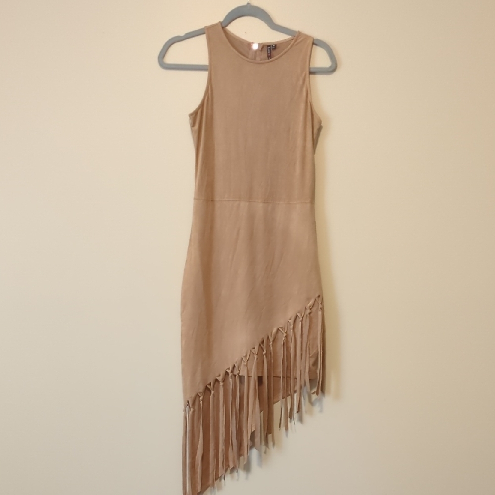 Elegant Tan Fringe Hem Dress